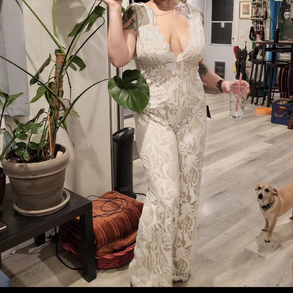 White lace Lulu's jumpsuit with nude lining in XL.